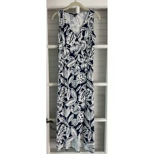 Talbots Size SP Maxi Dress, Navy & White Tropical Floral, Sleeveless Pineapple